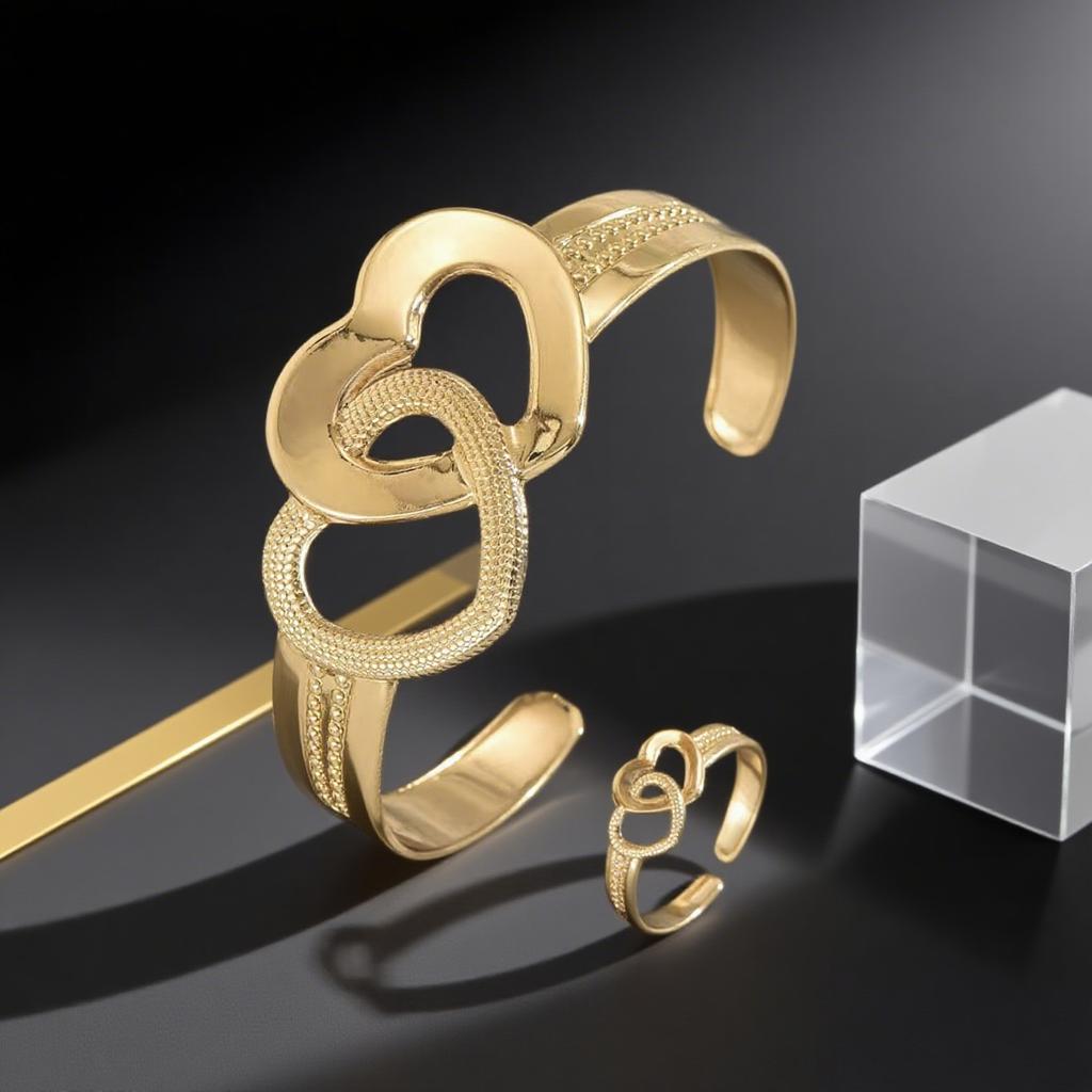 Two-piece set simple hollow love opening bracelet ring jewelry set fashionable daily casual versatile set