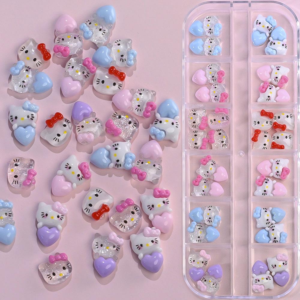 12 Grids Hawaii Black Skin Hello Kitty Nail Charms Summer Vibe Coconut Dolphin Acrylic Nail Art Decoration Manicure Accessories