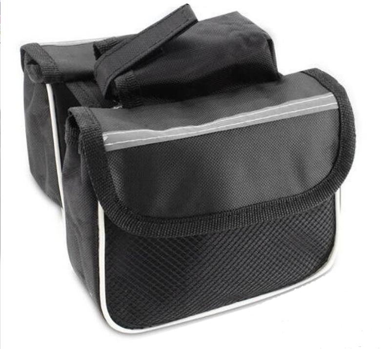 Two-compartment bicycle frame bag with reflector
