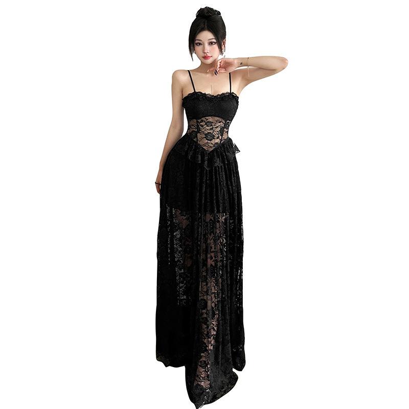 2026 European and American Summer New Sleeveless Slim Lace Lace Waist Pure Desire Sexy Fashion Long Dress Women's Clothing