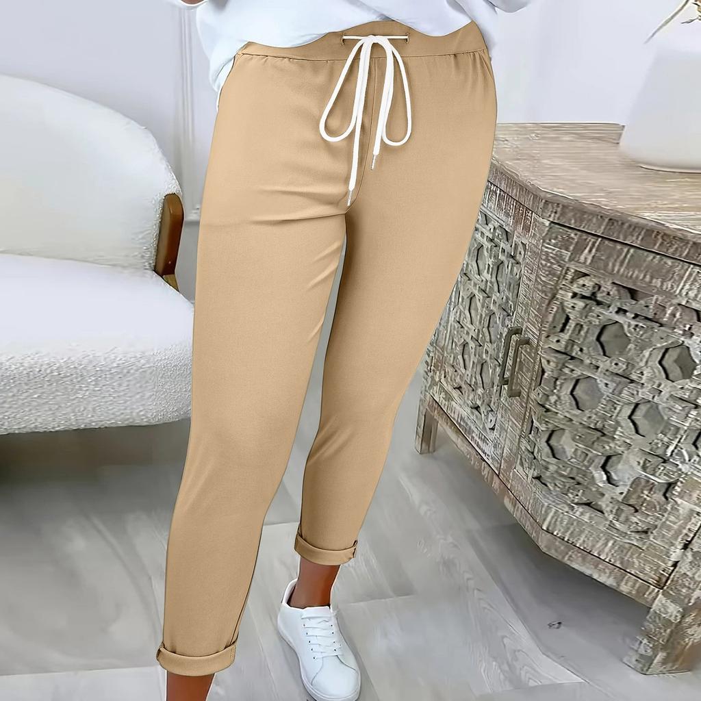 Women's Fashionable Solid Color Drawstring Elastic Waist Pocket Casual Pants