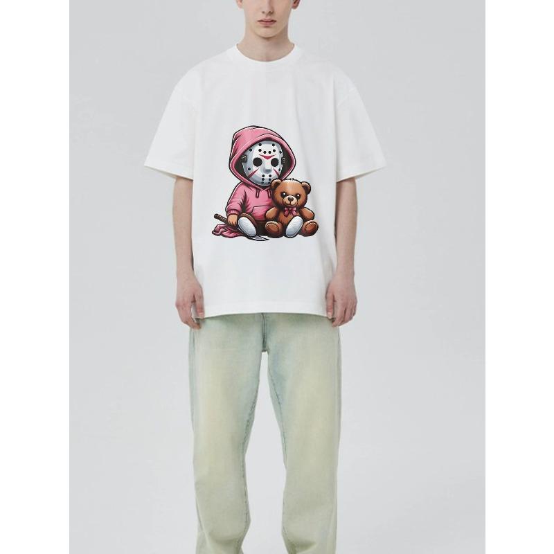 Black T Shirt With Jason Voorhees And Teddy Bear Graphic For Casual Wear