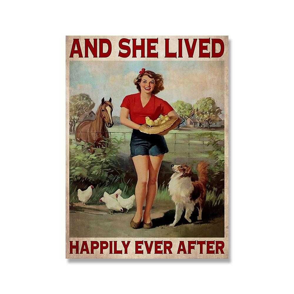 

Винтажная картина на холсте «Фермерская девушка с собакой, курицей, лошадью», постер с цитатой «Она жила долго и счастливо» на стене, домашний декор 40X60cm No Frame