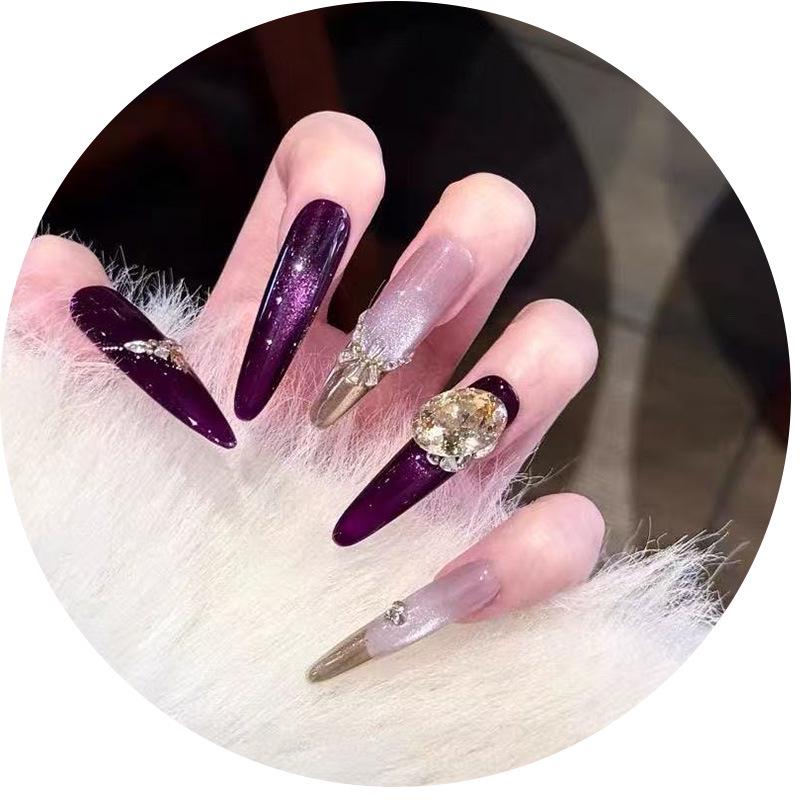 Luxurious Purple Cat Eye Zirconia Nail Art - Sparkling Handcrafted Autumn/Winter Collection