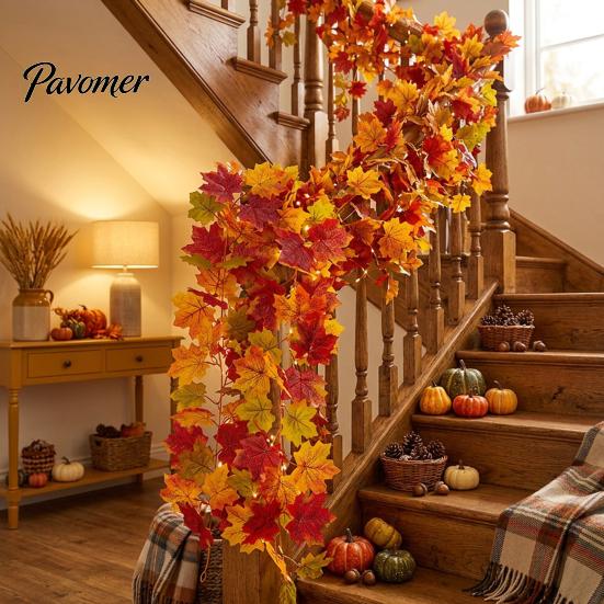 Thanksgiving Home Decor Artificial Fall Maple Leaf Garland, Autumn Foliage Hanging Vine, Flexible Decorative Vines Reusable Harvest for Fireplace