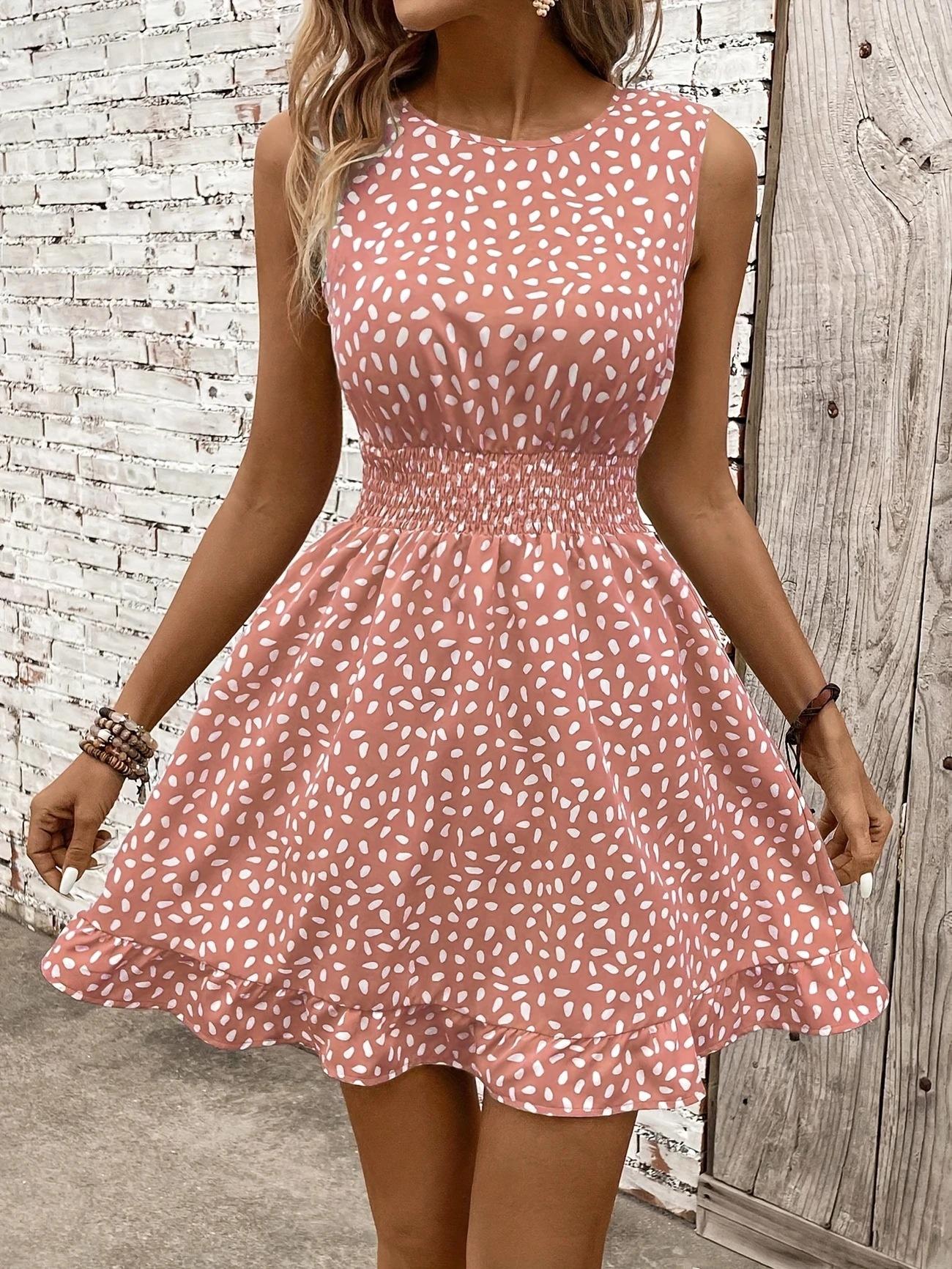 

European, American summer new women s fashion round neck sleeveless sexy waist print dress XXL рожевий