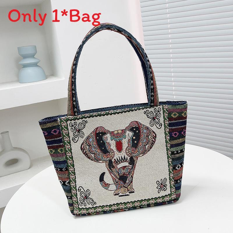 Elephant Embroidered Canvas Handbag With Dual Handles For Casual Daily Use