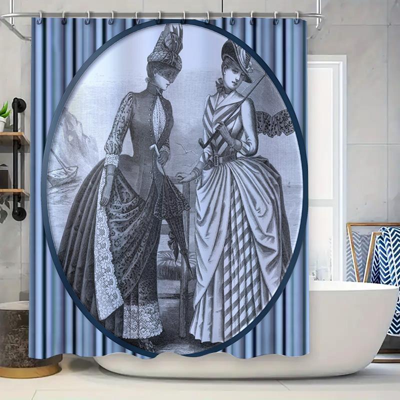 

Luxury Vintage Print Shower Curtain Waterproof Bath Decorative Home Decoration Victorian Style Girl Dress Blue White Stripe Patt W60H190(CM)-1 Pcs