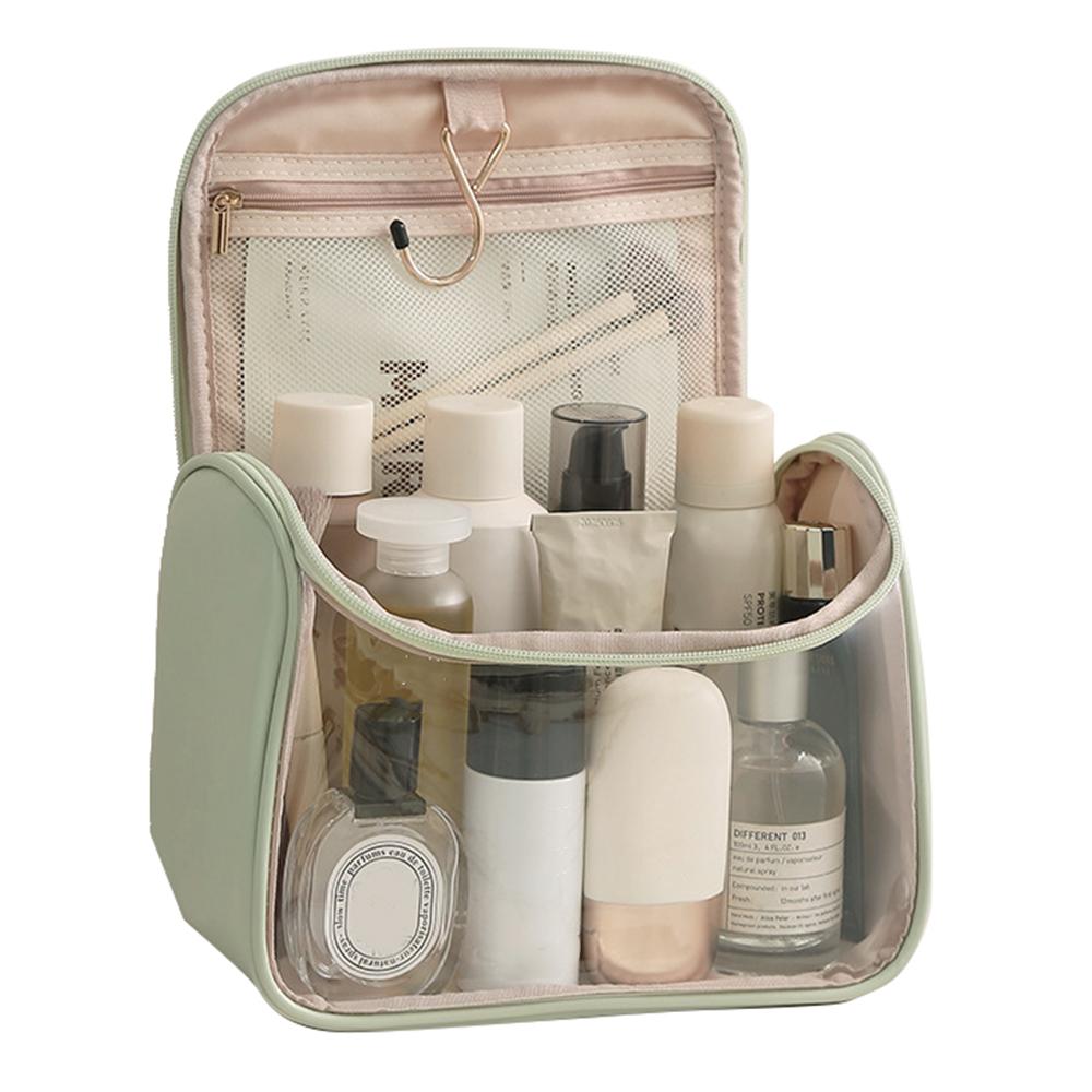 HK8297 Waterproof Clear Design Makeup Bag Large Capacity Cosmetic Bag PU Leather+PVC Travel Toiletry Organizer with Portable Handle Strap