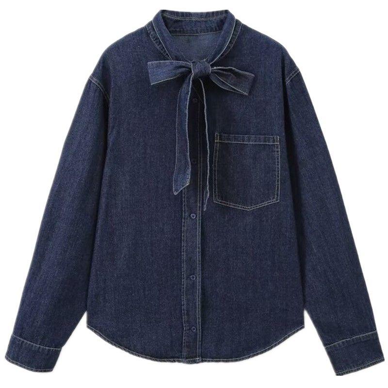 

Fashion Style 2024 Autumn New Women s Clothing Easiest for Match Bowknot Decoration Long Sleeves Casual Denim Shirt 5520267 Dark Blue XS