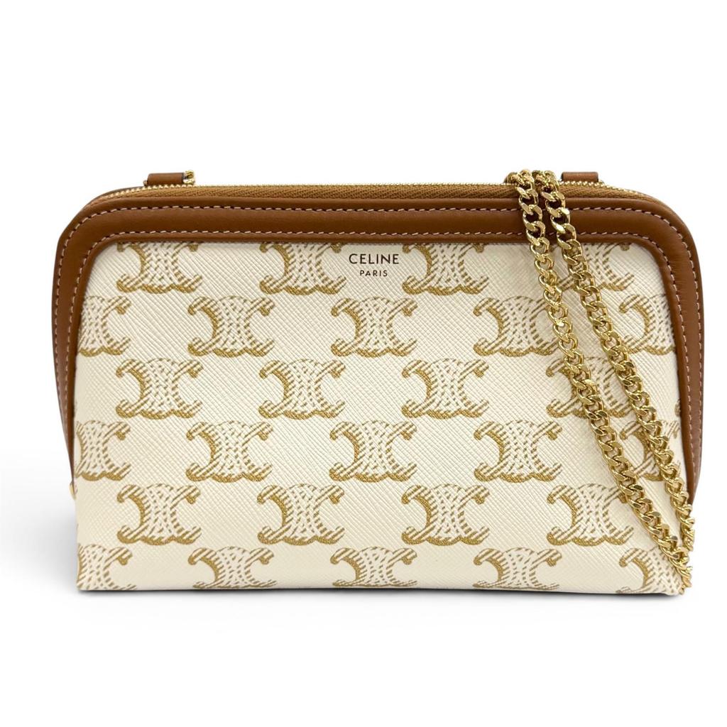 Excellent CELINE Shoulder Bag Logo Chain Clutch Bag off white Triomphe canvas Used