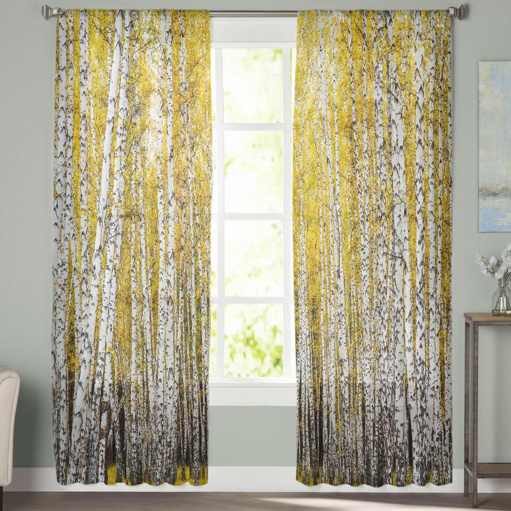 Aspen Trees Autumn Woods Window Curtains For Living Room Bedroom Kitchen Chiffon Sheer Window Treatment