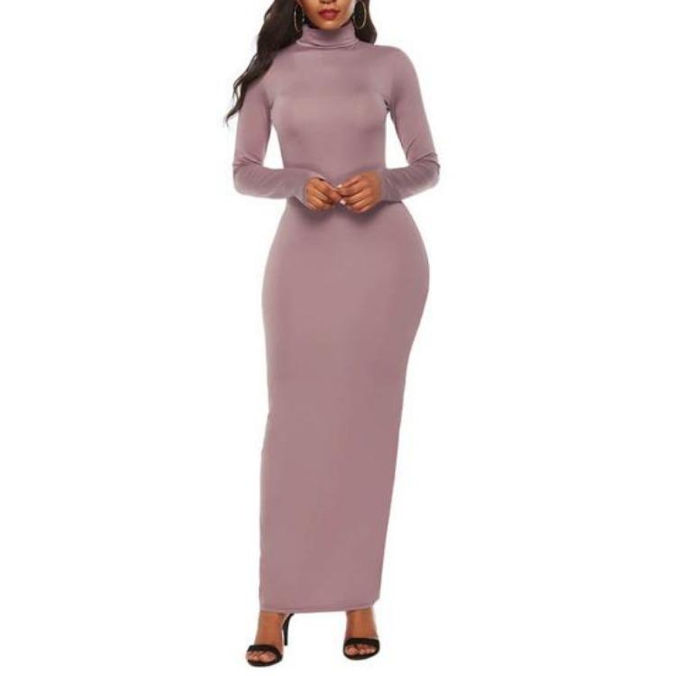 Stretchy Bodycon Long Dress Solid Color Turtle Neck Casual Womens Long Sleeve