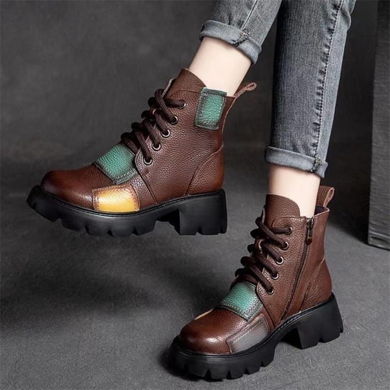 Retro thick heel Martin boots women's autumn and winter new soft leather color matching short boots high heel waterproof table single boots