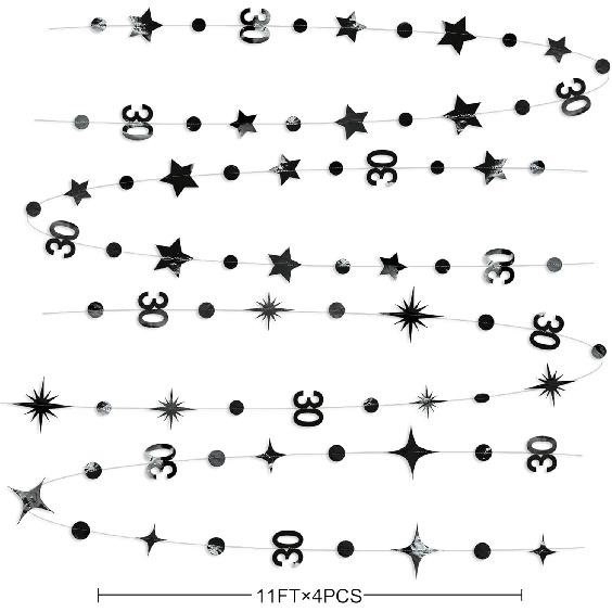 Black 30th Birthday Decorations Number 30 Circle Dot Twinkle Star Garland Metallic Hanging Streamer Bunting Banner Backdrop for Mens Womens Happy