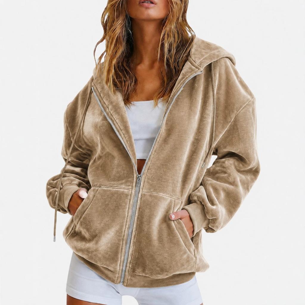 Women Jacket Solid Color Velvet Loose Fit Hooded Sweatshirt Long Sleeve Casual Outerwear Grey Navy Burgundy Zip Up Jacket