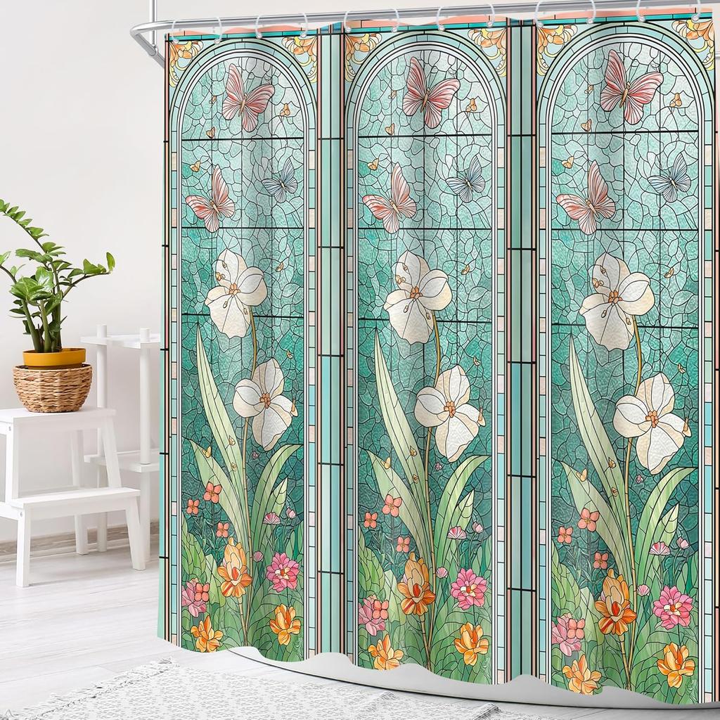 Barevná sprchová závěs Květinový design s motýly Vintage Art Deco Dekorace koupelny Voděodolná látka Elegantní interiér domu