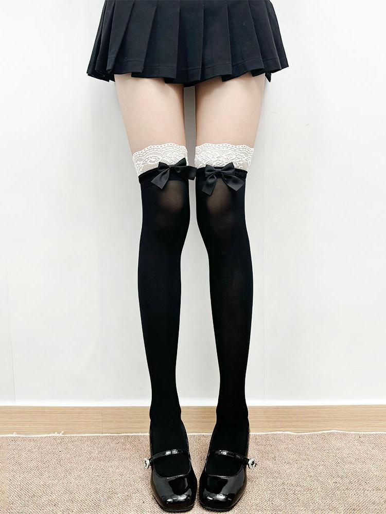 White Velvet Calf-Length Ballet Socks with Lace Trim - Lolita Japanese Style