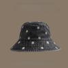 Hat Women's Outdoor  Versatile Breathable Denim Bucket Hat Fashion Chrysanthemum Embroidery Pattern Wide Brim Sunshade Basin Hat