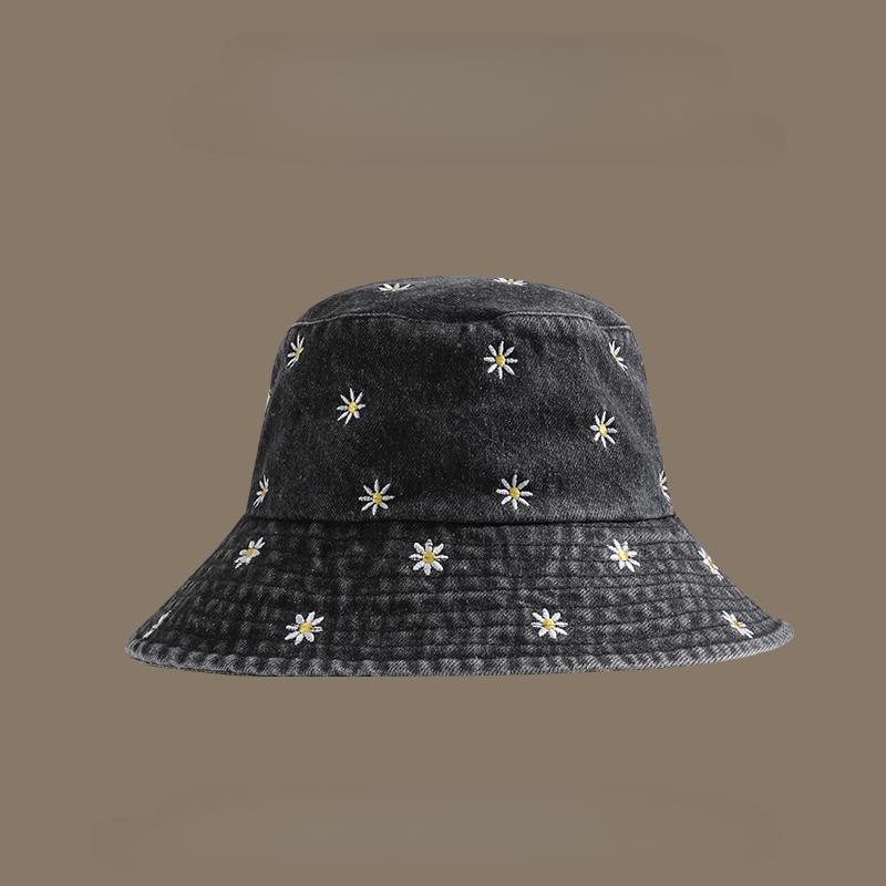 Hat Women's Outdoor  Versatile Breathable Denim Bucket Hat Fashion Chrysanthemum Embroidery Pattern Wide Brim Sunshade Basin Hat