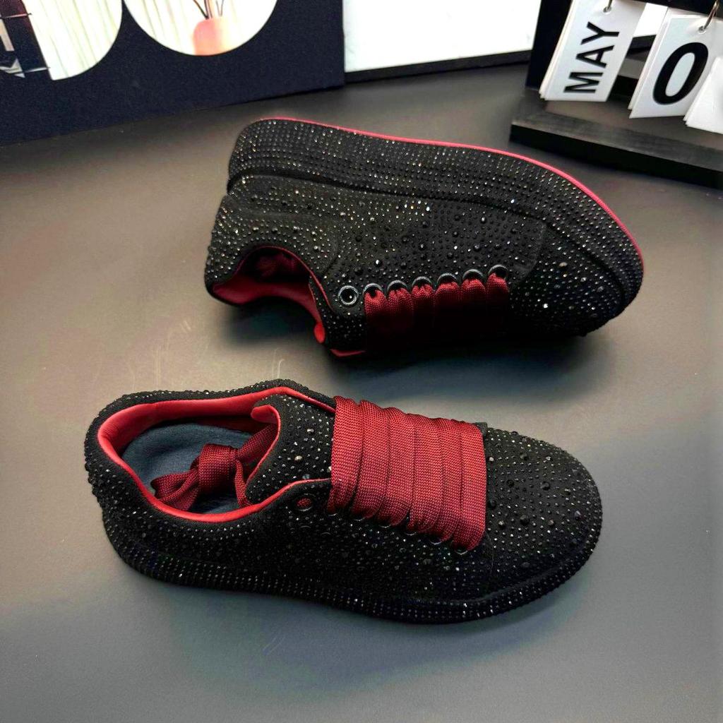 Luxury Designer Men's and Women's Red and Black Rhinestone Thick-soled Shoes, Casual Flat Shoes, Moser Shoes, Men's Sports Shoes