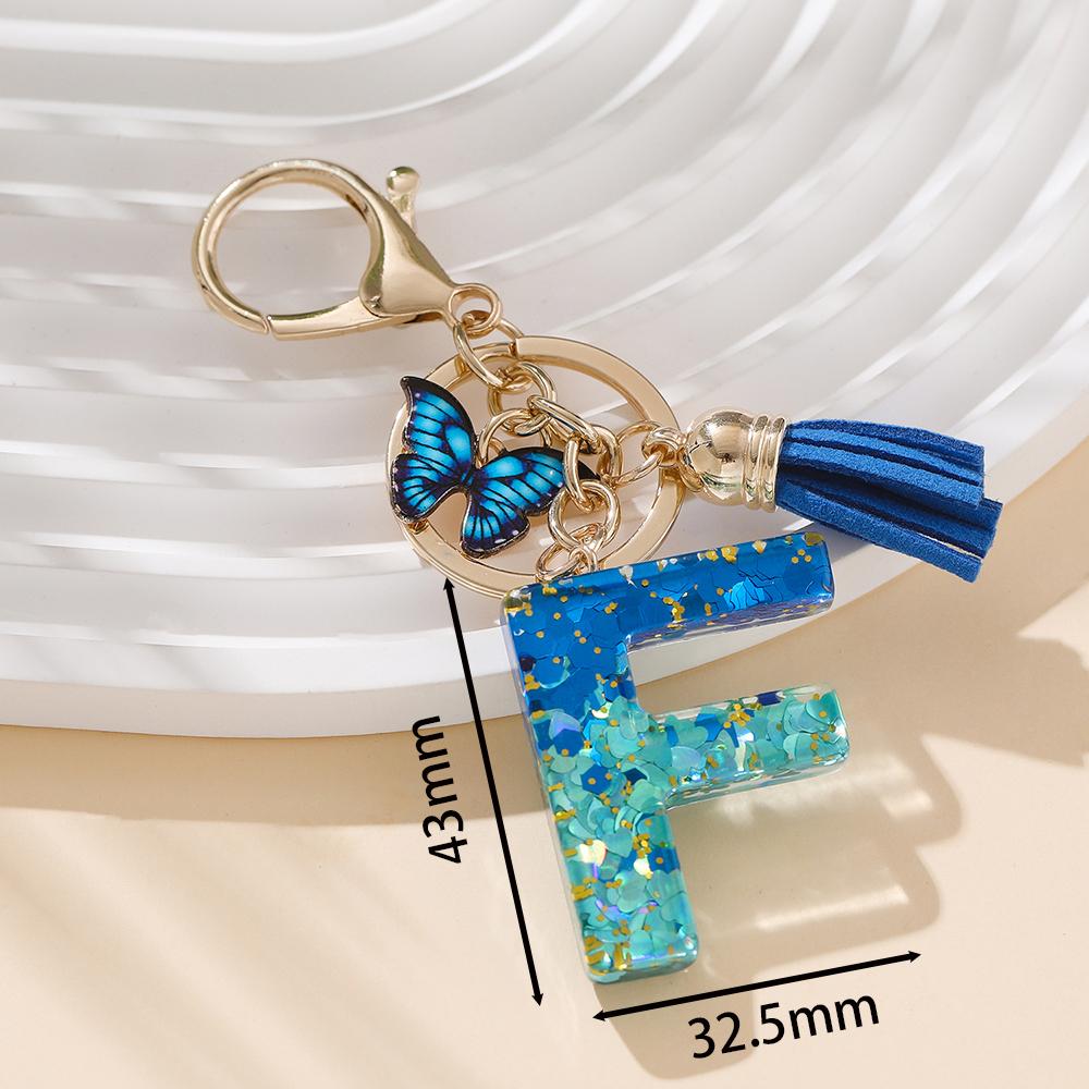 1pc Alloy Alphabet Initial Keychain Royal Blue Butterfly & Tassel Letter Keychain for Backpack Charm Accessory Key Ring Findings