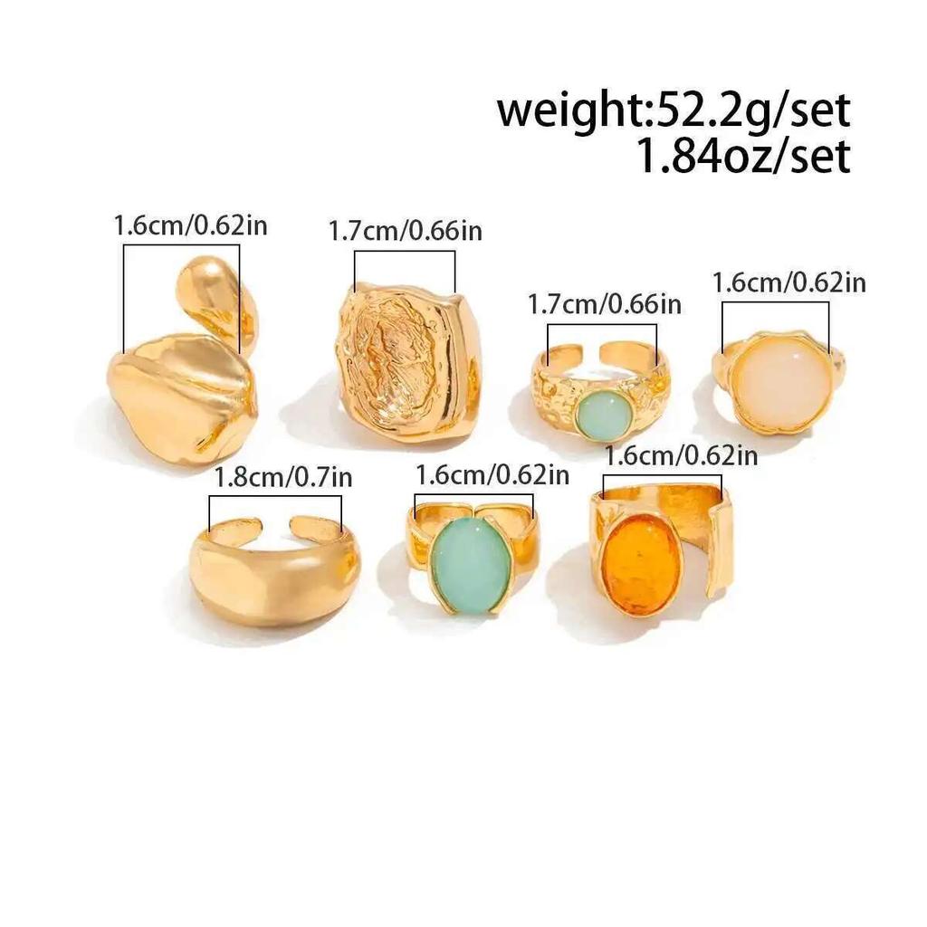 KunJoe 7 Stück/Set Vintage Bunte Acryl Offene Ringe für Damen Punk Geometrische Schlangenform Breiter Ring Finger Schmuck Zubehör