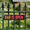2D Flat Aluminium Decorative Sign- A Retro-Style Neon Sign in 2D Flat Design, Showcasing Illuminated 'Bar Is Open' Text, Perfect for Bars