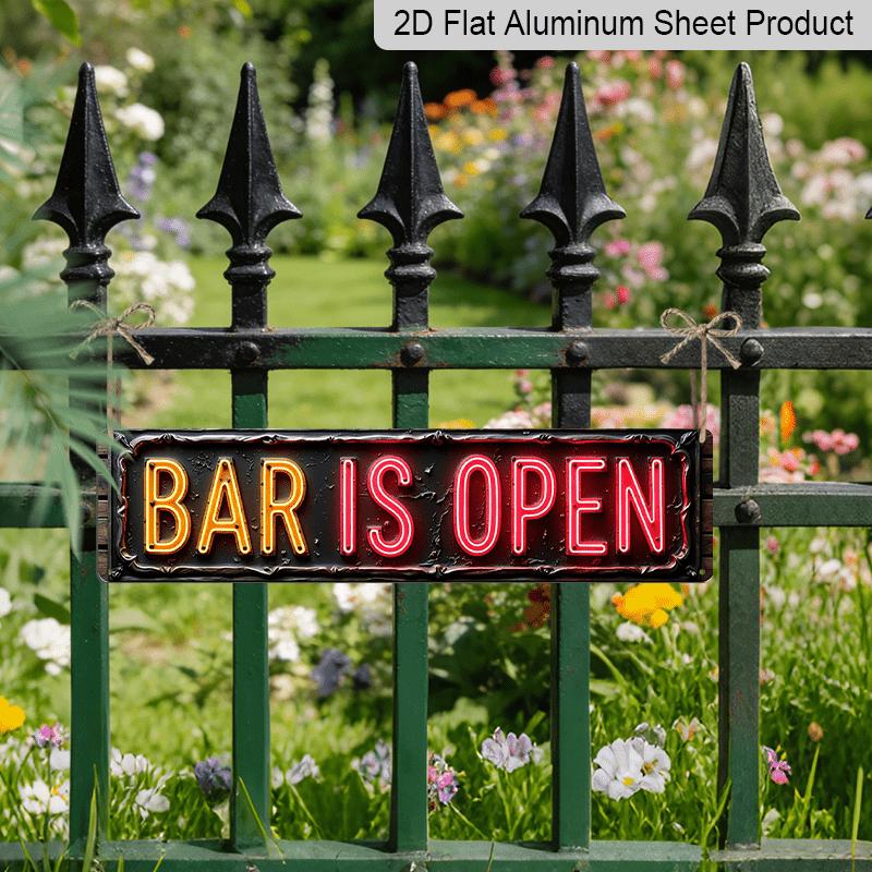 2D Flat Aluminium Decorative Sign- A Retro-Style Neon Sign in 2D Flat Design, Showcasing Illuminated 'Bar Is Open' Text, Perfect for Bars