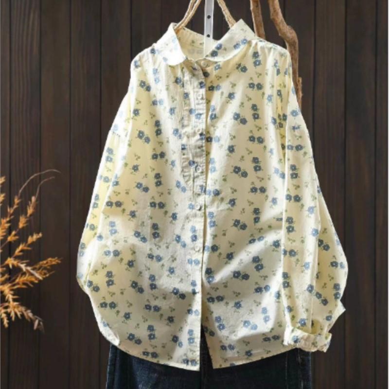 

Johnature Женские винтажные рубашки с цветочным принтом, отложным воротником, осенние мягкие блузки с длинным рукавом, женская рубашка на пуговицах One Size синий