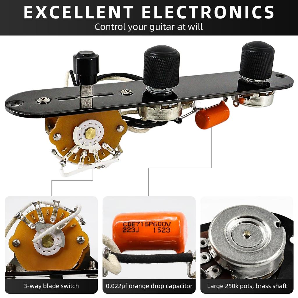 Domofa Full Load Guitar Control Plate Pre-wired 3-Way Switch 250K Large Potentiometer Rolette Volume Tone Knob Telecaster Electric Guitar Parts Black
