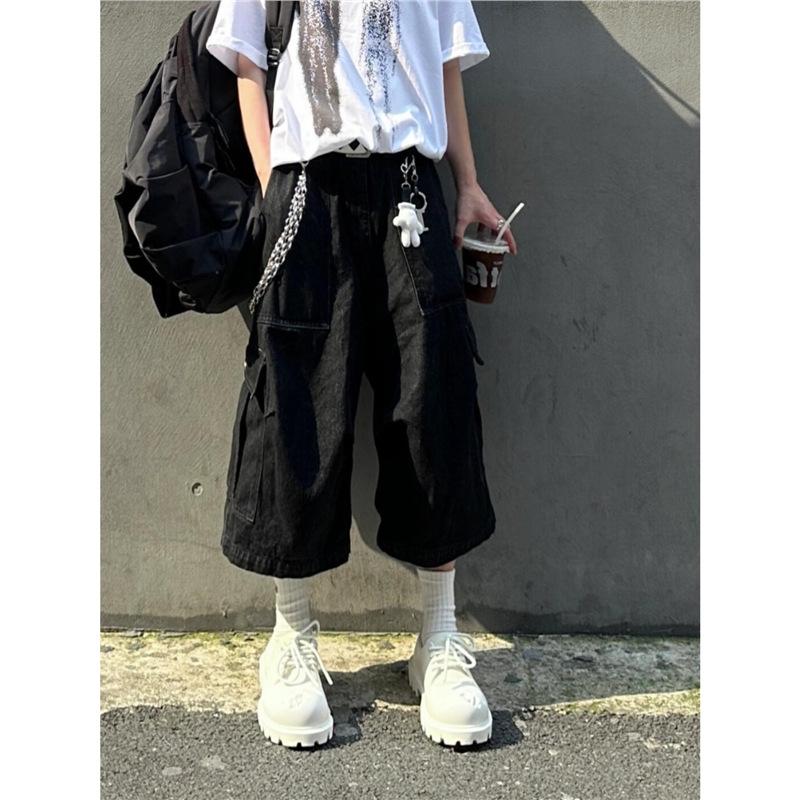 American High Street Retro Washed Big Pocket Wide Leg Seven-point Jeans Men's and Women's Summer Loose Tooling Trousers