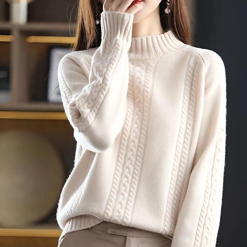 Women's Half-High Neck Cable Knit Sweater - Autumn/Winter Collection