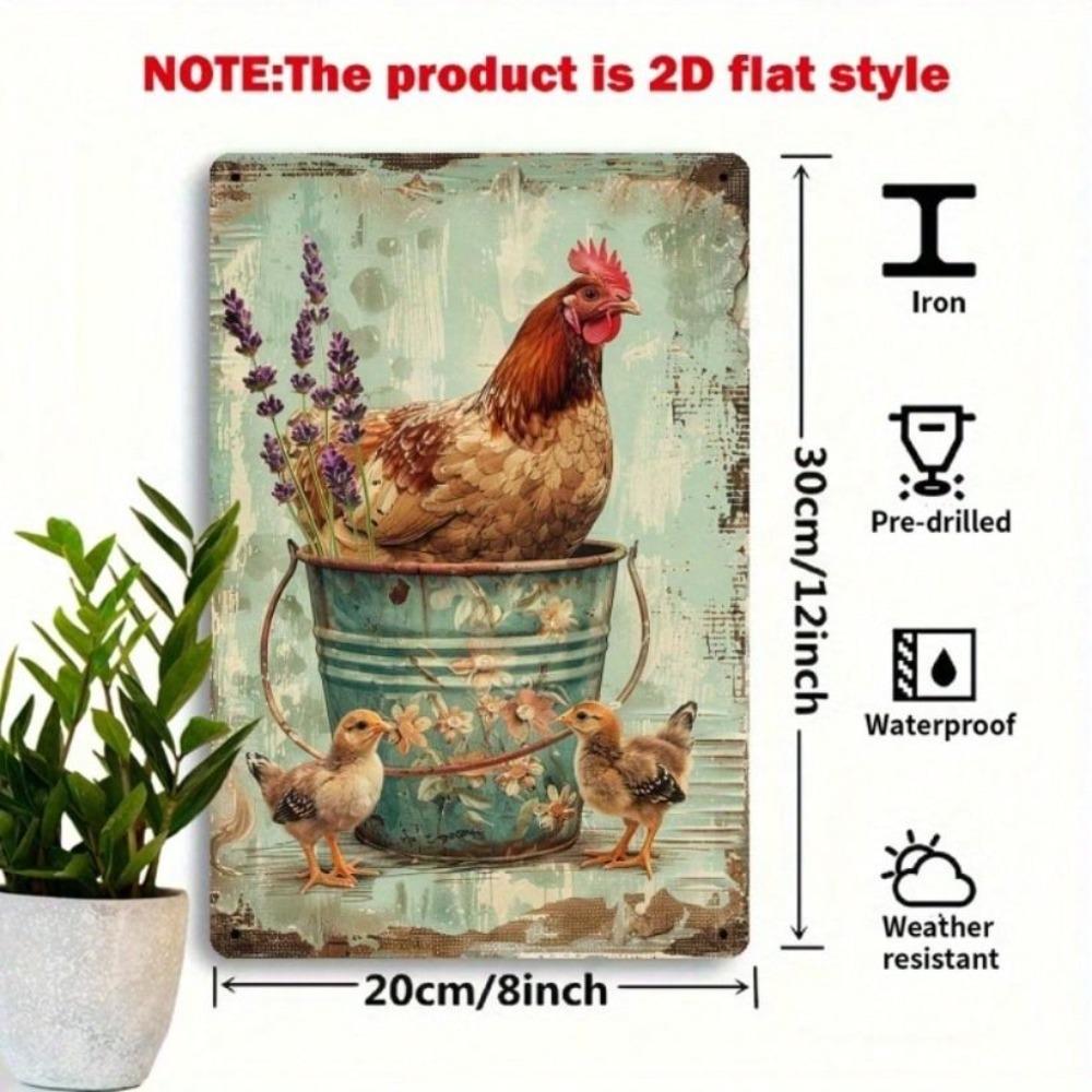 Metal Poster Wall Art, Vintage Farm Chicken Flowers, Kitchen Living Room Decor