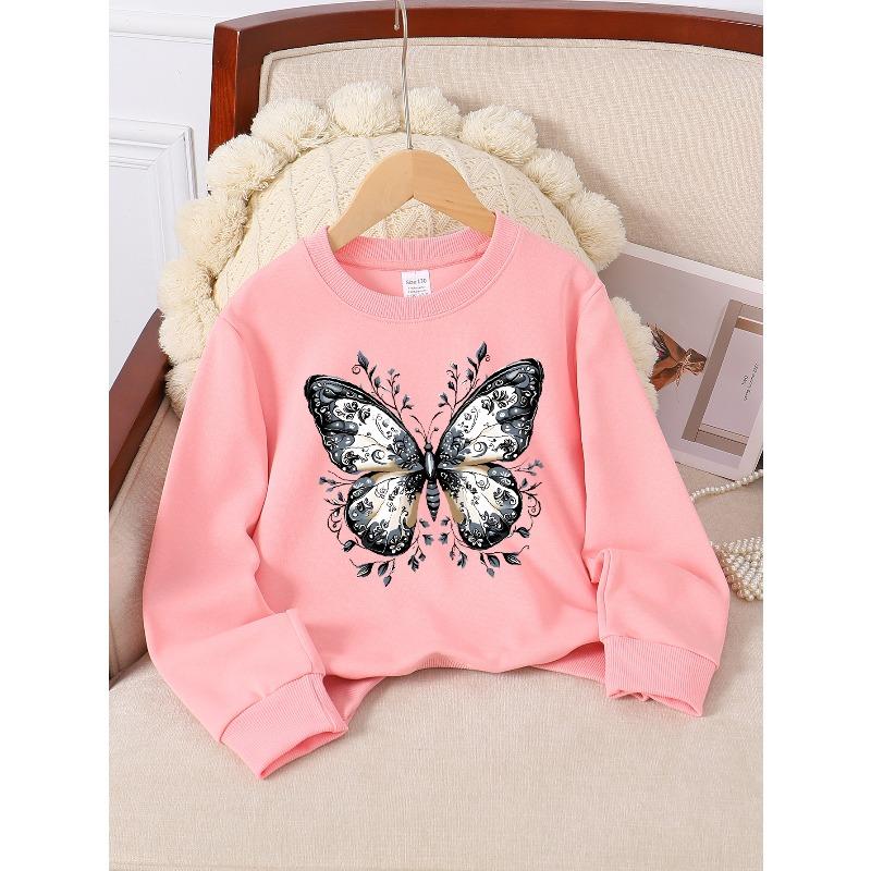Kids Girls Crewneck Sweatshirt, Vintage Black And White Floral Butterfly Print Soft Fleece Pullover