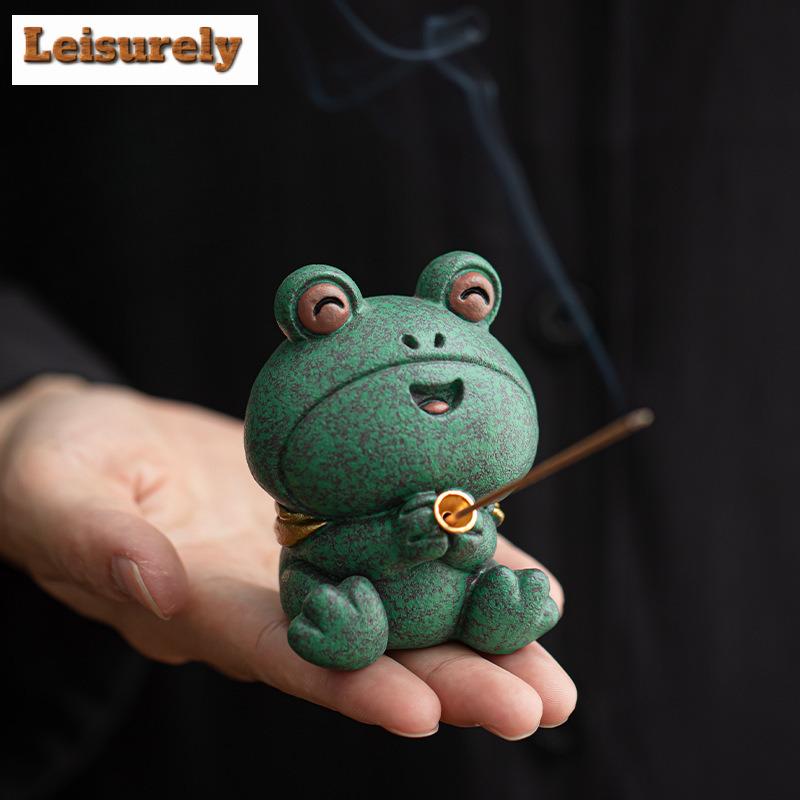 Color Blue Stone Cute Big-eyed Frog Incense Holder Water Fountain Decoration Incense Burners Meditation Censer Buddhism Ornament