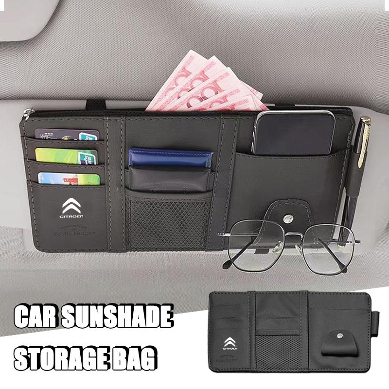 Car Sun Visor Storage Bag PU Leather Multi-Pocket Car Glasses Clip Card Holder Storage Pocket for Citroen C4 C3-XR C5 Aircross
