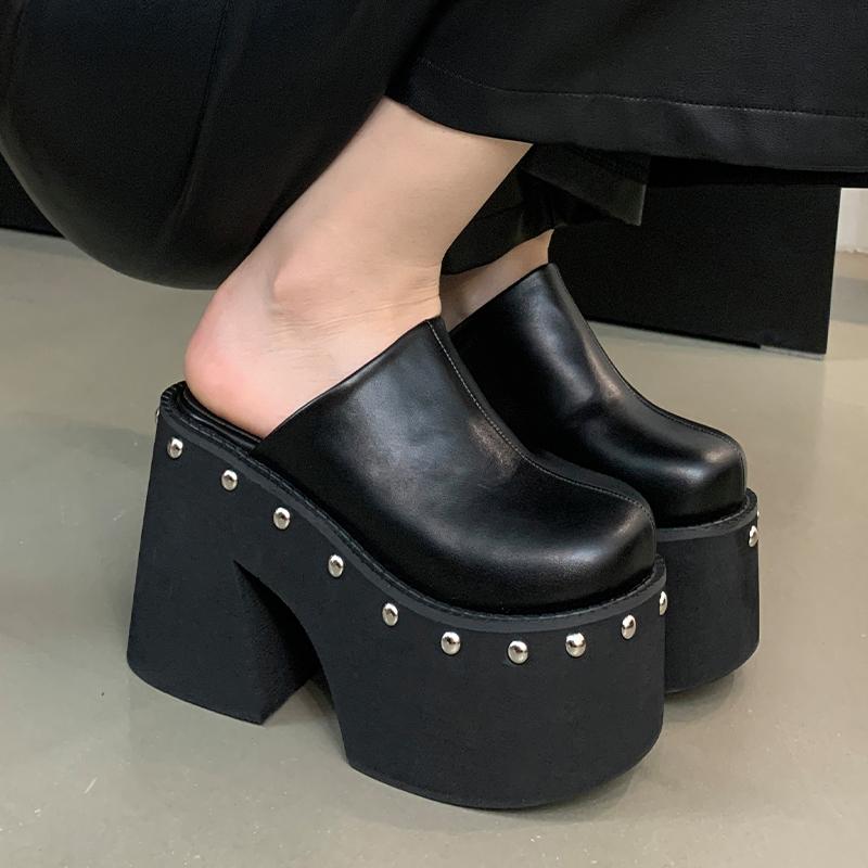 Pantofole da Donna Nere a Zeppa con Borchie Design alla Moda Fondo Spesso Scarpe con Tacco Alto Estate Festa Abito Zapatos Mujer