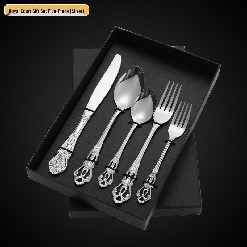 Royal Court 5-Piece Cutlery Set: Vintage Titanium-Plated Gold Stainless Steel Knife, Fork & Spoon with Embossed Hollow Design.