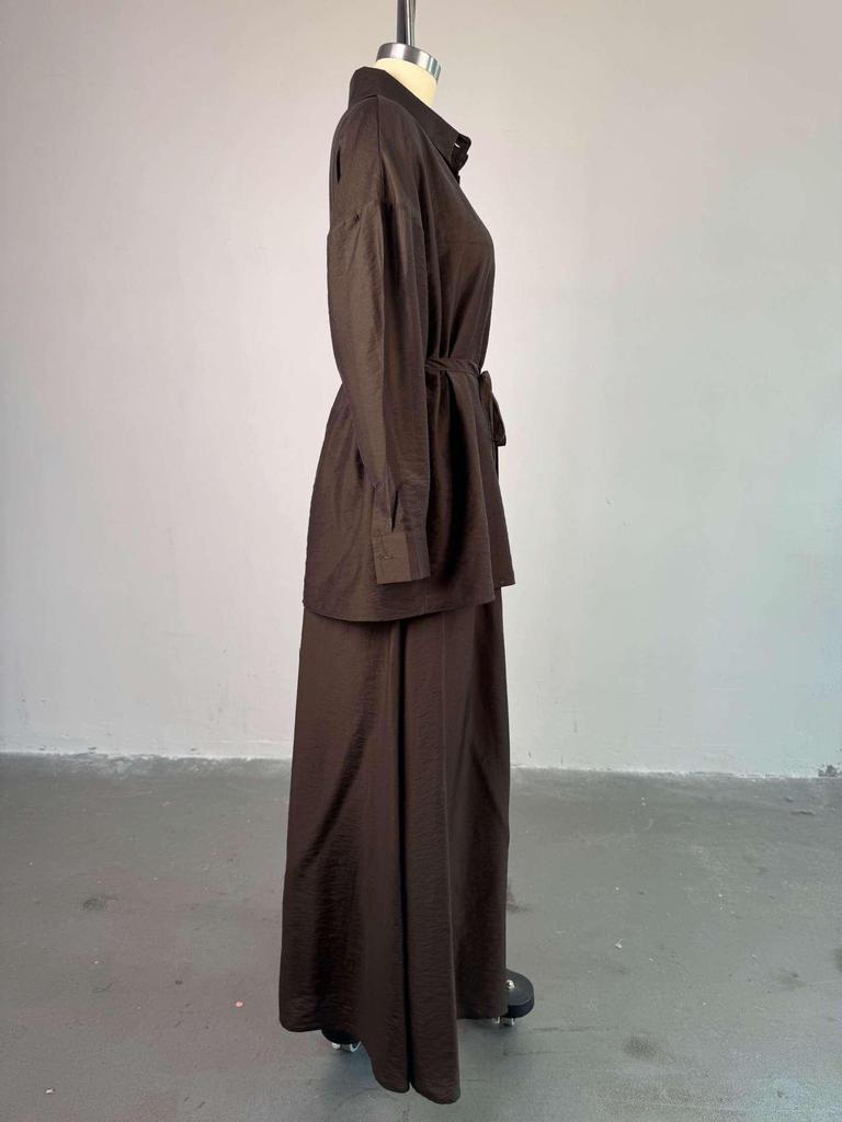 European & American Women's Spring/Summer 2025 Fashion: Loose Turn-down Collar Long-Sleeve Shirt & High-Waist Midi Skirt Set