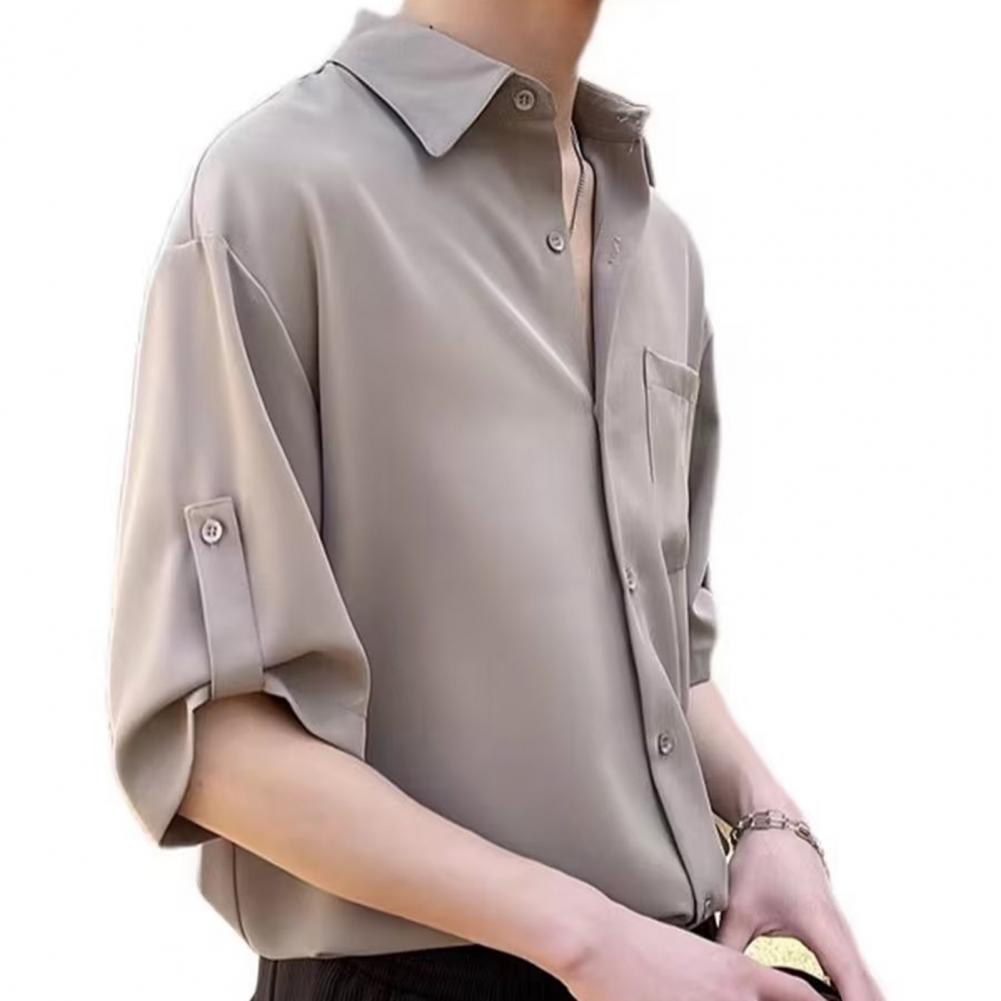 Men Summer Shirt Solid Color Buttons Lapel Half Sleeves Single-breasted Loose Chest Pocket Cufflink Soft Breathable Quick-drying