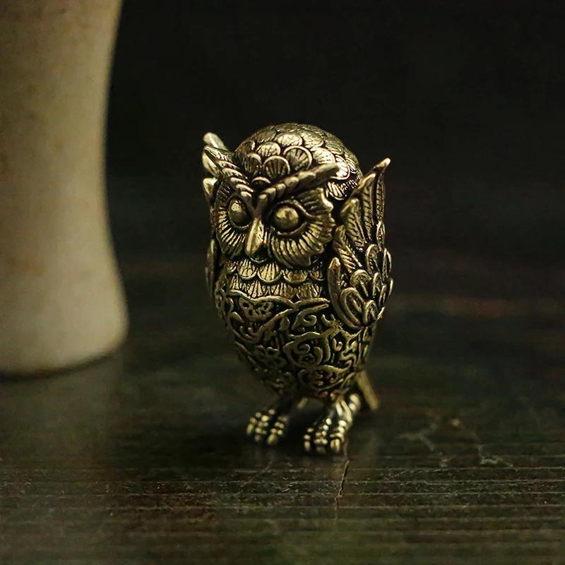 1 Stück Retro Kupfer Tier Tee Haustier Desktop Ornament Antik Massiv Messing Eule Miniaturfiguren Heimdekor Handwerk