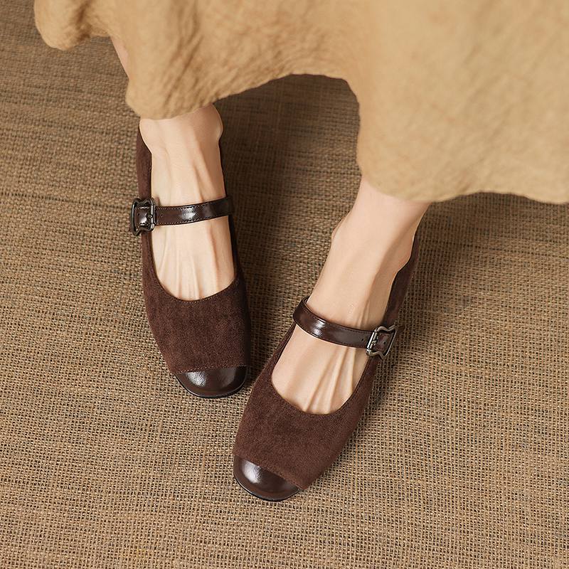 

Krazing Pot Microfiber Round Toe Thick Low Heels Spring Summer Shoes Big Size 43 Mary Janes Women Shallow Pumps 33 коричневий