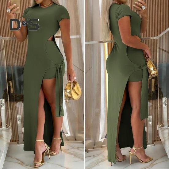 Women's Sexy Maxi Dress Set Short Sleeve Crew Neck Side Slit Bodycon Dress with Short Summer Wear Suit for Party Daily Clubs