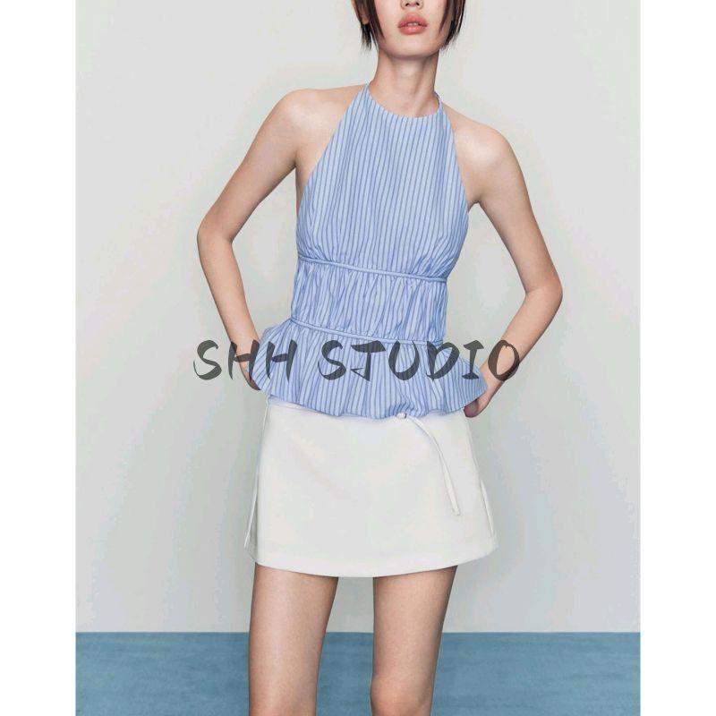 Autumn New Women's Clothing Casual Wind Ruched Decoration Suspender Stripes Poplin Hanging Collar Tops 4764135