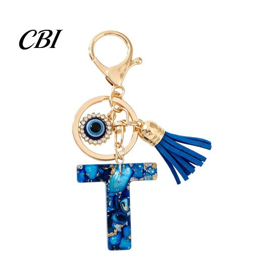 Portable Key Organizer Blue Series Keychain Pendant, Initial Letter Charm Chain with Eyes Tassel Design, A-Z Holder for Bags Backpacks Cars