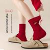 Red Sock Children's Pure Cotton Mid-calf Socks, Retro Style, Dark Red Embroidery, Suitable for Weddings and New Year Celebrations.