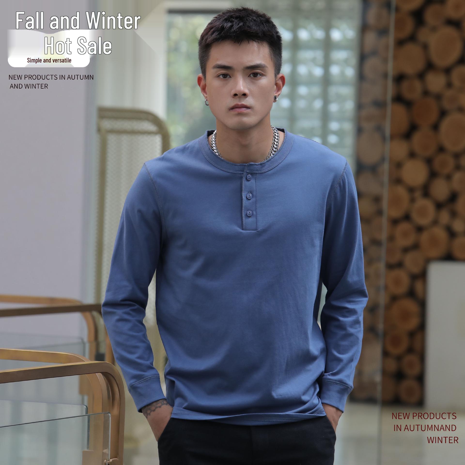 

2026 Spring Men s Long Sleeve Pure Cotton Washed Henley Crew Neck Solid Color Undershirt T-shirt XXXL армія зелений колір