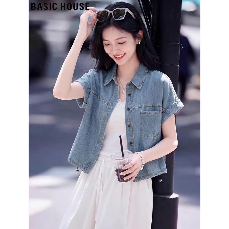 Basic House Women s Retro Denim Short-Sleeve Shirt Jacket One Size
