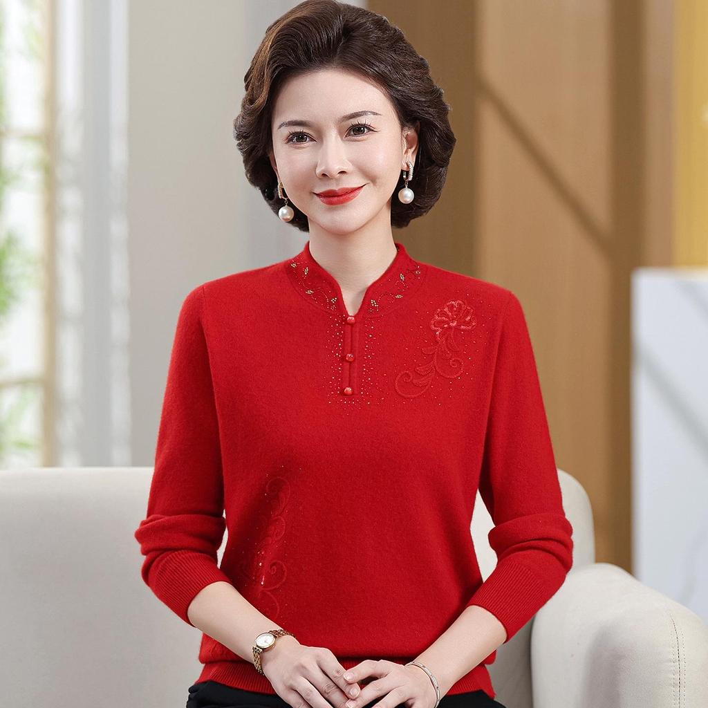 Benmingnian Red Wool Sweater for Middle-Aged Women - Plus Size Autumn/Winter Fashion Pullover